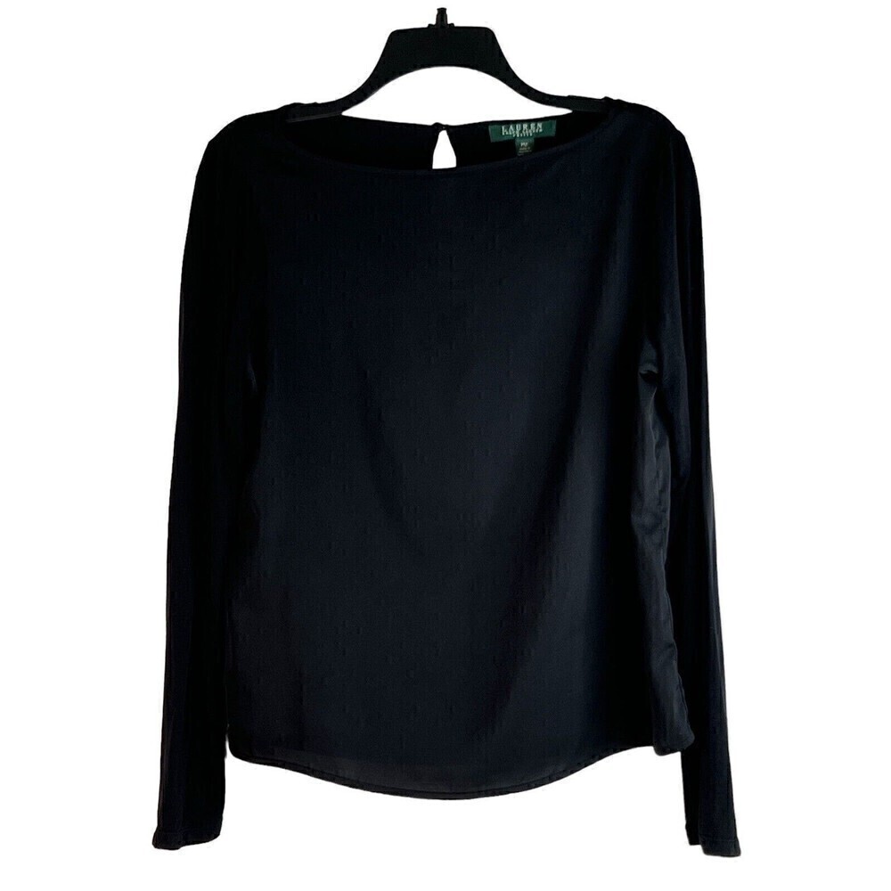 Lauren Ralph Lauren Classic Black Round Neck Key Hole Back Semi-Sheer Blouse PM